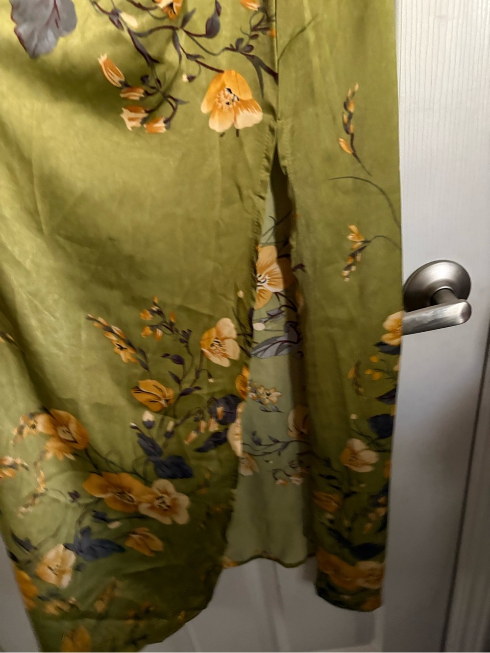 Shein Olive Green Floral Maxi Dress with Yellow Blooms side slit - Picture 2 of 6